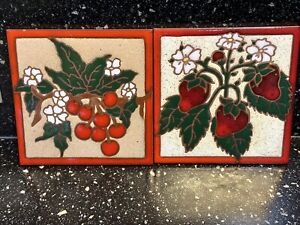 Strawberry Pair Pottery Tile Arts & Crafts 6”Vintage Raised Glaze Textured
