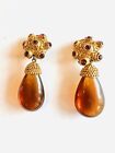 Vintage Large Gold Tone Amber Lucite Glass Dangle Earrings Unsigned Couture