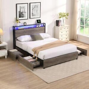 New ListingQueen Size Bed Frame with LED Headboard Metal Platform Bed with Storage Drawers