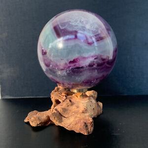 663G Natural Fluorite ball Colorful Quartz Crystal Gemstone Healing + Stand