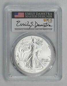 2021 Type 2 Silver Eagle PCGS MS70 First Strike, Signed Emily Damstra Flag Label