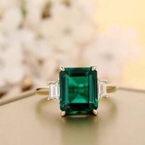 3Ct Lab Created Emerald Green Emerald Engagement Ring 14K Yellow Gold Finish
