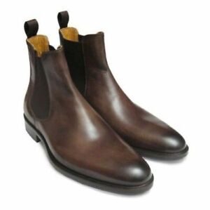New Handmade Genuine Leather Brown Chelsea Ankle High Formal Dress Boots For Men
