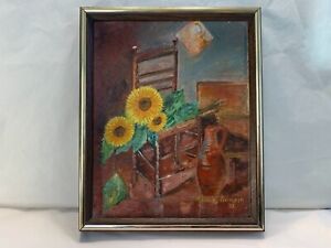 Small Vintage Painting on Canvas Framed Sunflowers Signed 