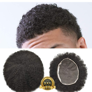 Mens Toupee Full Lace Afro African American Human Black Hair Piece Curly Wigs