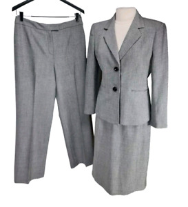 KASPER Women Career Three Pieces Pantsuit Skirt Suit Size 10 Gray Blazer 93A