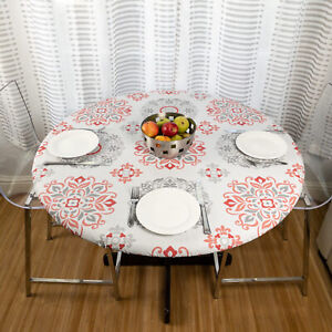 Round Vinyl Tablecloth Fitted Elastic Flannel Back Table Cover 60