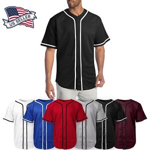 Mens Baseball Jersey MLB Plain T Shirt Team Uniform Solid Button Tee