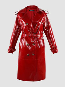 Nerazzurri Autumn Long Shiny Black Red Patent Pu Leather Trench Coat for Women