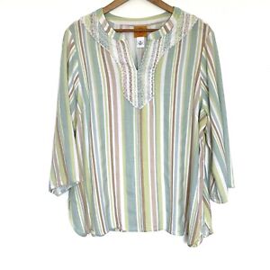 Ruby Rd. Shirt Women’s 2X Striped V Neck 3/4 Sleeve Pullover Blouse Top
