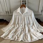 L New White Cotton Button-Up Embroidered Tunic Top Blouse Shirt Womens LARGE