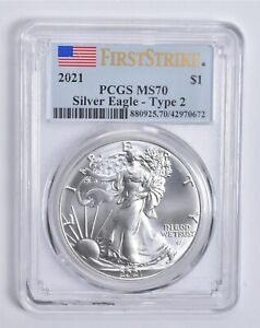 MS70 2021 American Silver Eagle Type 2 First Strike PCGS Flag Lbl *0656