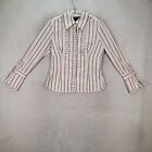 Vtg 90s Bebe Womens Top Size M Brown Striped Collar Ruffle Stretch Unique Blouse