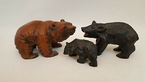VTG LOT OF 3 CARVED WOODEN BEARS BLACK BROWN GERMAN JAPANESE 3 SIZES COOL MOUTH