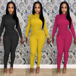 Fashion New Women Long Sleeves O Neck Bodycon Solid Patchwork Casual Pants Set