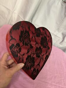 Vintage Heart Shaped Candy Box Black Lace Quilted Top Russell Stover Valentine
