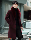 Men Faux Fur Collar Trench Coat Wool Blend Long Overcoat Single-breasted Outwear