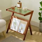 RêveLife Bamboo End Table with Magazine Rack Glass-top Sofa Side Table