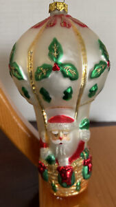 Vintage Santa Holly Hot Air Balloon Ornament Blown Glass Hand Painted 6