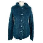 Vintage Hand Knitted Mohair Cardigan UK 10-12 Blue Fuzzy Fluffy Collared