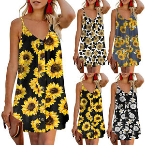 Women Summer Button Down V Neck Sleeveless Casual Mini Dress Beachwear Sundress
