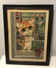 Vintage By GIG Big Green Eye Cat Lithograph Sad Pity Kitty Framed Picture Print