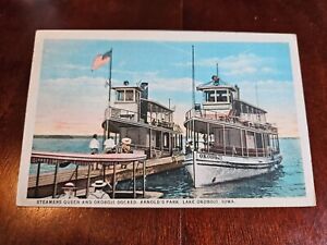 Postcard IA Iowa Steamers Boats Queen Okoboji Arnold's Park Lake Dock Scene