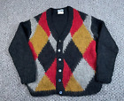 VTG Hand Made Mohair Argyle Pattern Cardigan Adult XL Black Sweater Italy 60s