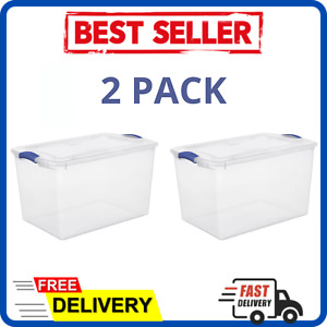 2 PACK - Stackable Plastic Tote Box Storage Containers Bin 66 Qt, Blue Latches