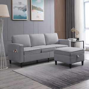 Compact L-Shaped Sectional Sofa with Storage Ottoman, Living Room Furniture Set