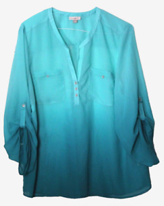 ROZ & ALI TUNIC BLOUSE ladies size 2X light to dark green ombre silky 3/4 sleeve