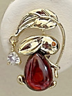 Bunny Rabbit Crystal Glass Rhinestone Brooch Pin Vintage Leaf Flower Clear Brown