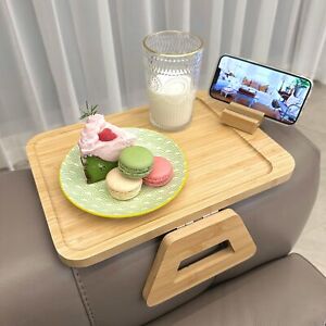 Bamboo Couch Arm Tray with 360° Rotating Phone Holder TV Tray and Armrest Table