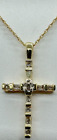 10K Yellow Gold Round and Baguette Diamond Cross Pendant Necklace 18