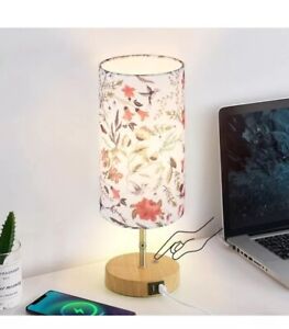Bedside Touch Lamp,Wood Small Table lamp with 2USB Charging Ports & Flower Shade