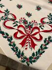 Vintage Christmas MCM tablecloth Holly Candy Canes & Ribbons 3’x5’