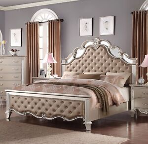Modern King Bed Crystal Tufted Bedroom Furniture Champagne Upholstered HB FB