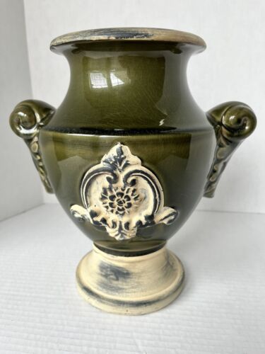 New ListingVintage Hosley Potteries Dark Green Glazed Pedestal Vase Brush Painted Rim/Base