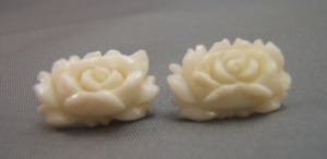 Angel Skin White Coral Carved Rose Earrings 18k Gold Posts