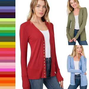 Snap Button Front V Neck Long Sleeve Sweater Cardigan Ribbed Details HW-2039