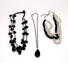 Lot of 3 Black Onyx Gemstone White Pearl Necklaces Pendant Jewelry