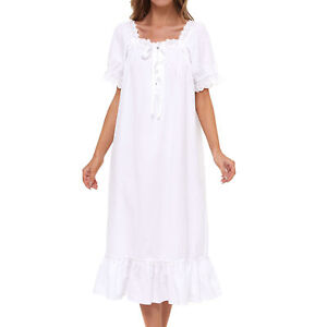Women Cotton Victorian Nightgown Sleep Dress Short Sleeve Princess Pajama Shirt
