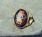 Vintage 1989 Avon Romantic Cloisonne Enamel Ring Flowers on Blue Bkgrnd Size 5