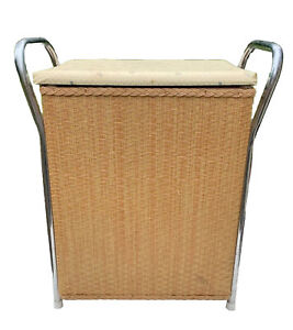 Vintage MCM Hamper Seat Chrome Handle Storage Wicker Laundry Basket