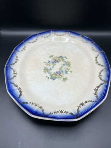Antique La Francaise Flow Blue Platter Late 1800's 22k Gold Trim Floral Pattern