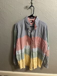 Tommy Hilfiger Men Colorful Colorblock Button Down Shirt Long Sleeve Size XL