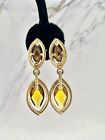 Vintage MONET Signed Gold Tone Dangle Earrings Lucite Amber Faceted Stones 2”