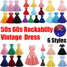 Women 50s 60s Rockabilly Vintage Button Swing Dress Cocktail Party Midi Dresses