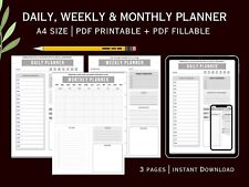 A4 Digital Daily, Weekly, Monthly Planner Fillable Printable Download PDF Bundle