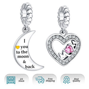 Authentic 925 Sterling Silver Love Mom Heart Moon Dangle For Charm Bracelets